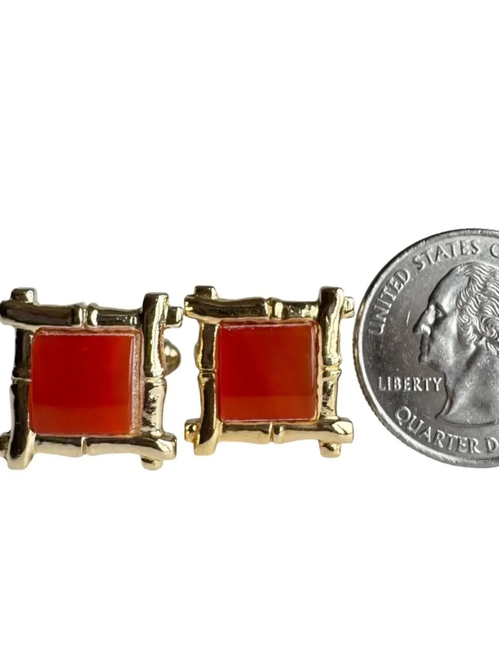 Vintage Red Square Cufflinks Gold Tone Bamboo Style Frame Statement Accessory